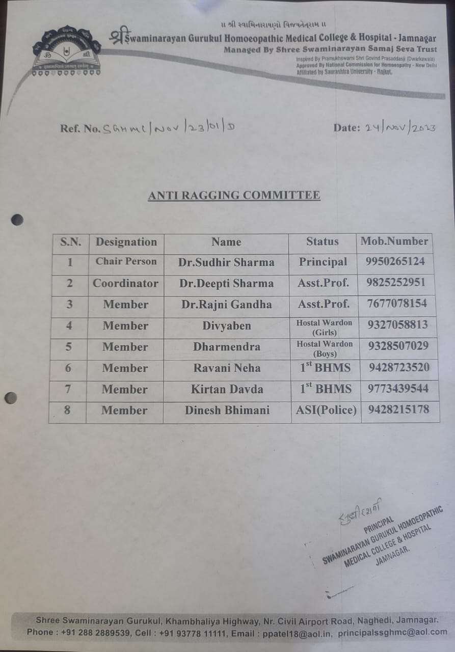 Anti Ragging Committee Structure Teaching staff – Shree Swaminarayan Gurukul-Jamnagar